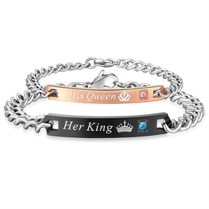 Stainless Steel Her King or His Queen Crystal Crown Charm Bracelet