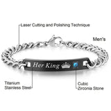 Stainless Steel Her King or His Queen Crystal Crown Charm Bracelet